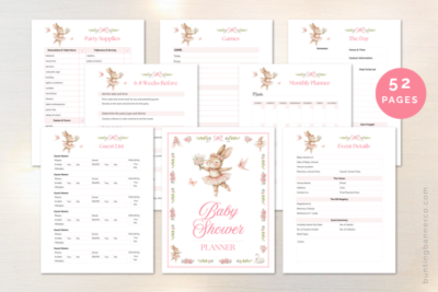 Printable ballerina baby shower planner with cute bunny ballerinas.