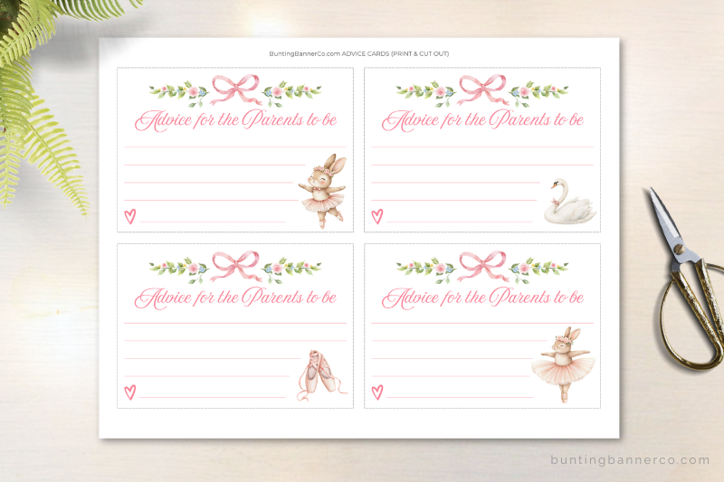Printable ballerina baby shower advice cards with dancing ballerina bunnies, swans and ballet shoes.