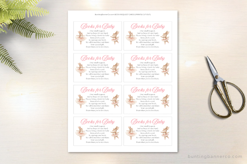 Sheet of printable ballerina themed books for baby cards for baby shower.