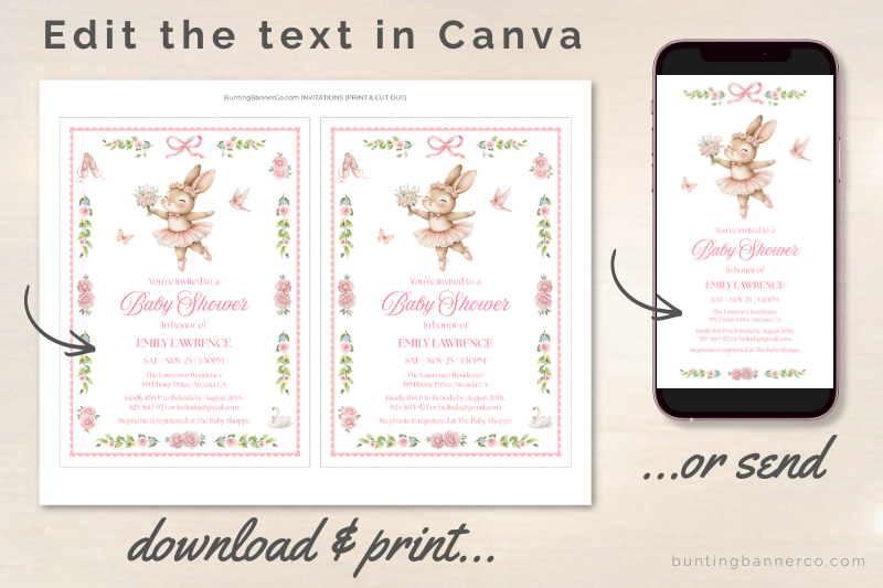 Printable and digital canva ballerina baby shower invitation templates