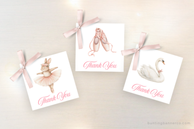 Ballerina baby shower favor tags with ballerina bunny, ballet shoes and swan.