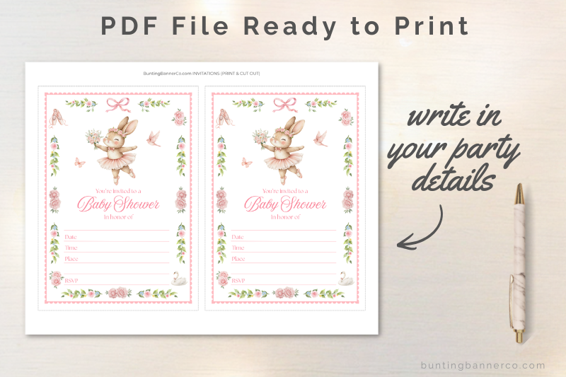 Ballerina baby shower invitations with fill in details.