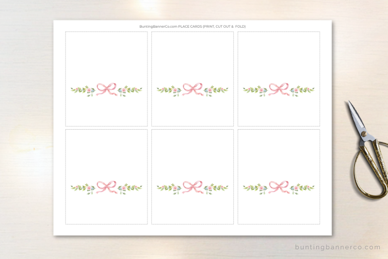 Printable ballerina baby shower place cards sheet with bows and flowers.