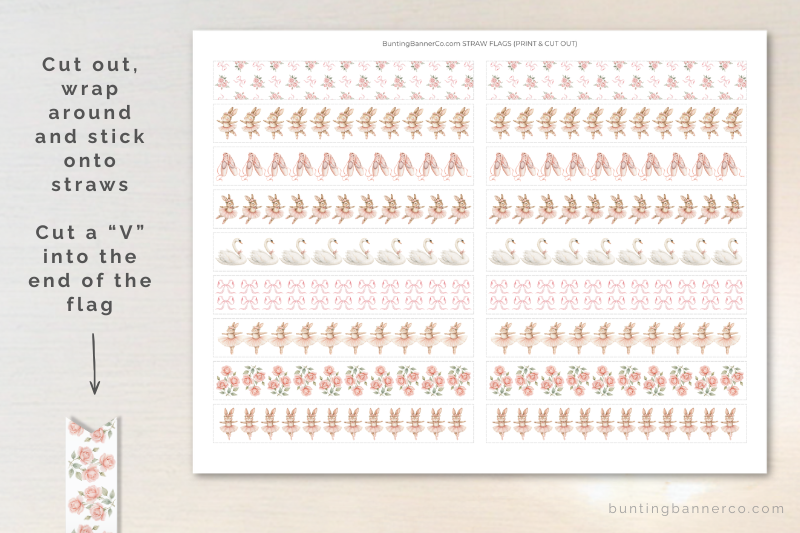 Printable ballerina baby shower straw flags with ballerina bunnies.