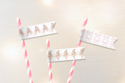 Ballerina baby shower straw flags with ballerina bunnies, ballet shoes and bows.