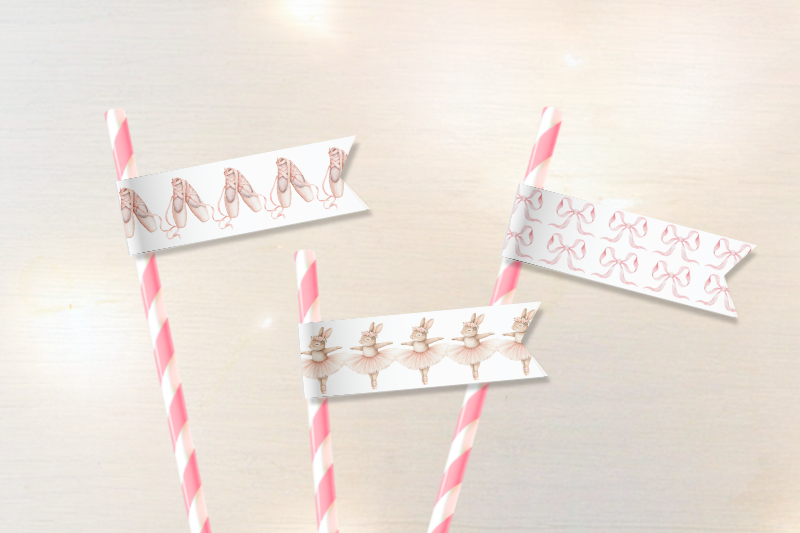 Ballerina baby shower straw flags with ballerina bunnies, ballet shoes and bows.