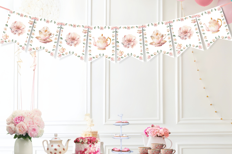 bridal shower decorations with pretty bridal tea bunting, tea cups, flowers, teapot and cakes.