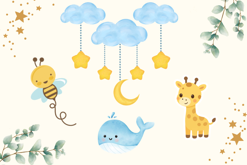 Neutral baby shower themes: clouds stars, bee, giraffe, whale, eucalyptus leaves