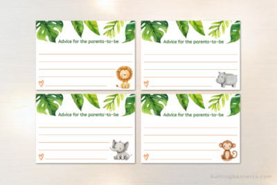 Safari baby shower advice cards for the parents to be with safari animals lion, hippo, elephant, monkey and jungle foliage.