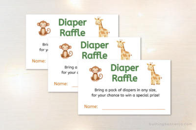 safari baby shower diaper raffle cards with monkey and giraffe.