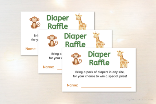 safari baby shower diaper raffle cards with monkey and giraffe.