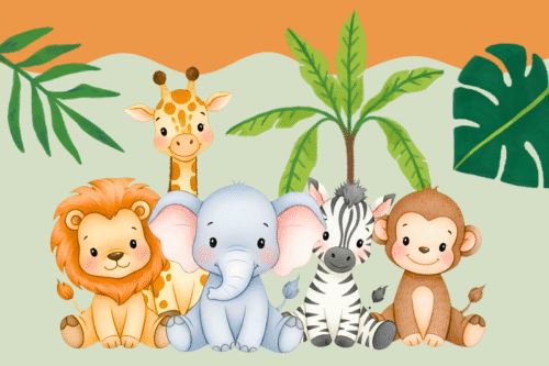 safari baby shower ideas with cute safari baby animals and jungle plants
