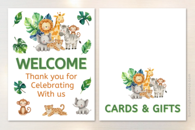 printable safari baby shower signs welcome and cards and gifts
