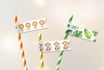 safari baby shower straw flags with lion, monkey and jungle foliage
