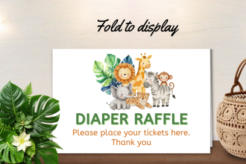 Safari baby shower displayed folded diaper raffle sign.