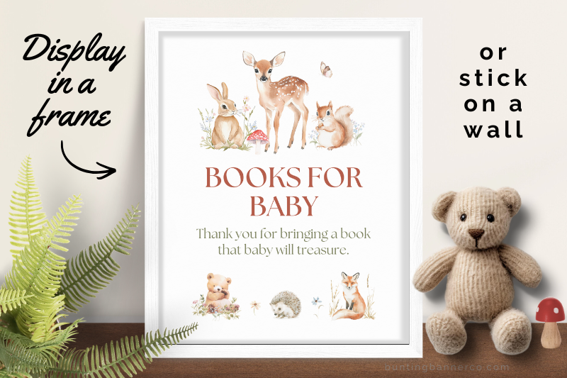 Printable baby shower woodland books for baby sign in a frame.