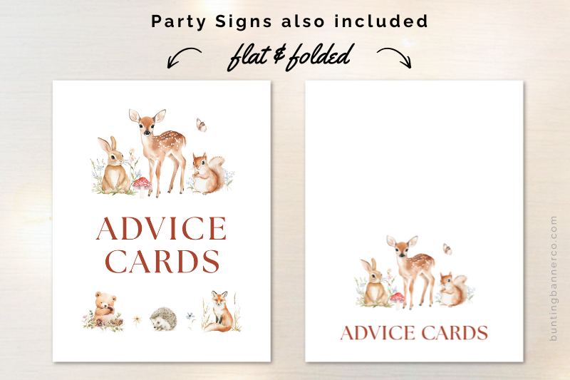 Printable woodland baby shower advice card signs with cute watercolor woodland animals.