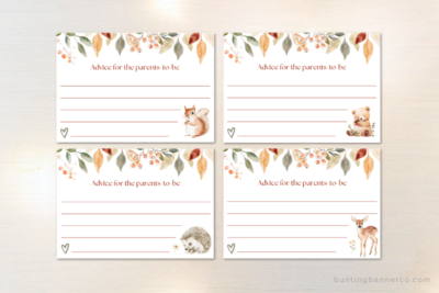 Woodland baby shower advice cards with watercolor deer, squirrels, hedgehog, bear, berries and leaves.