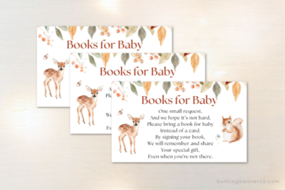 Woodland baby shower books for baby printable enclosure cards with watercolor deer, squirrel, berries and leaves.