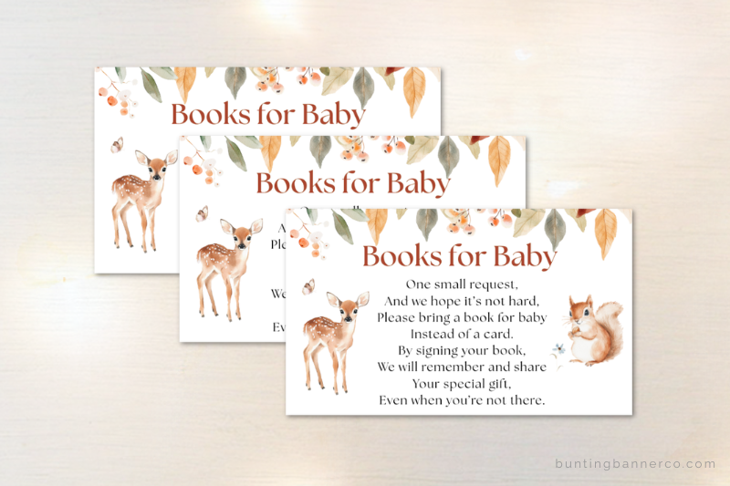Woodland baby shower books for baby printable enclosure cards with watercolor deer, squirrel, berries and leaves.