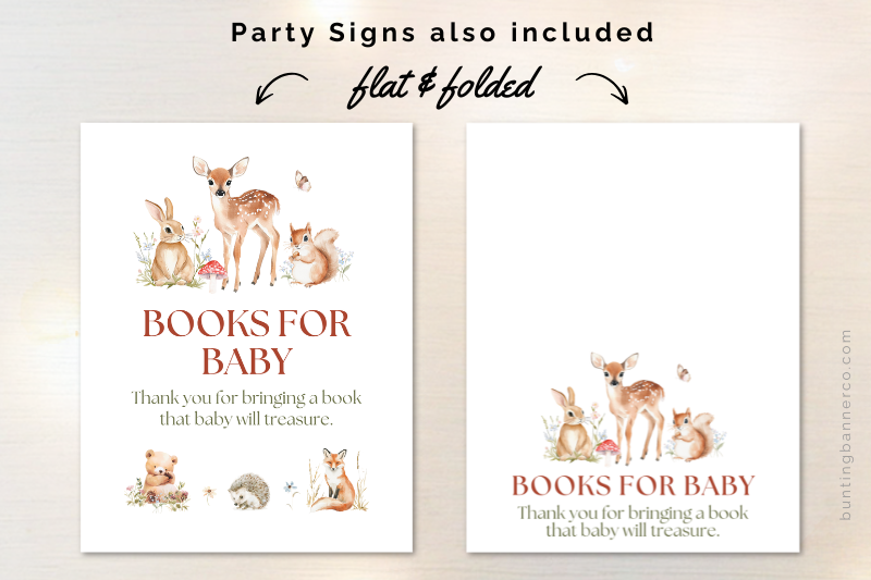 Woodland baby shower books for baby signs with watercolor woodland deer rabbit and squirrel animals.