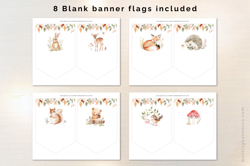 Printable woodland baby shower flags with rabbit, deer, fox, hedgehog, bear, squirrel, bird and mushroom.