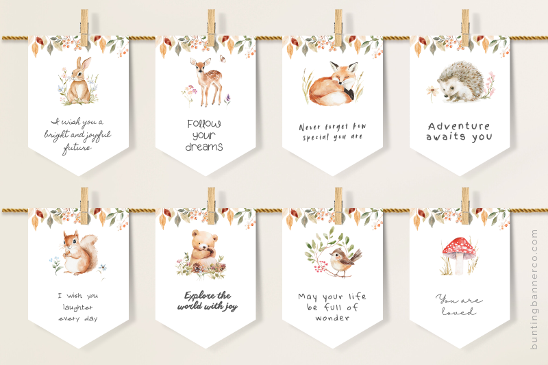 Woodland nursery banner activity for baby shower with watercolor woodland animals and foliage.