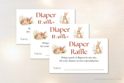 Woodland baby shower diaper raffle cards with watercolor deer and rabbits.