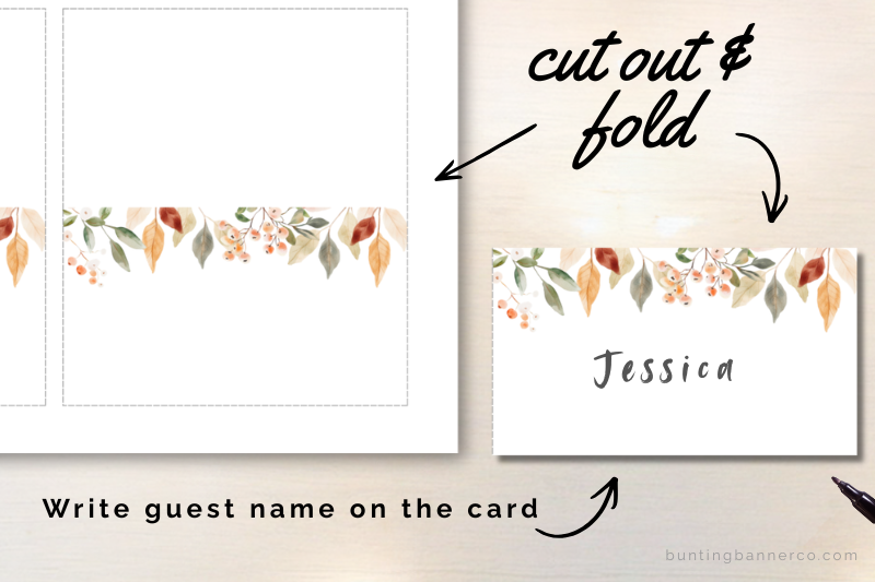 Cut and fold woodland baby shower place cards with watercolor berries and foliage.