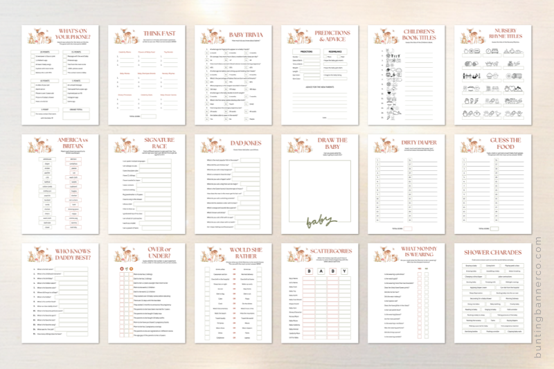 Printable woodland baby shower game sheets with watercolor woodland animals.
