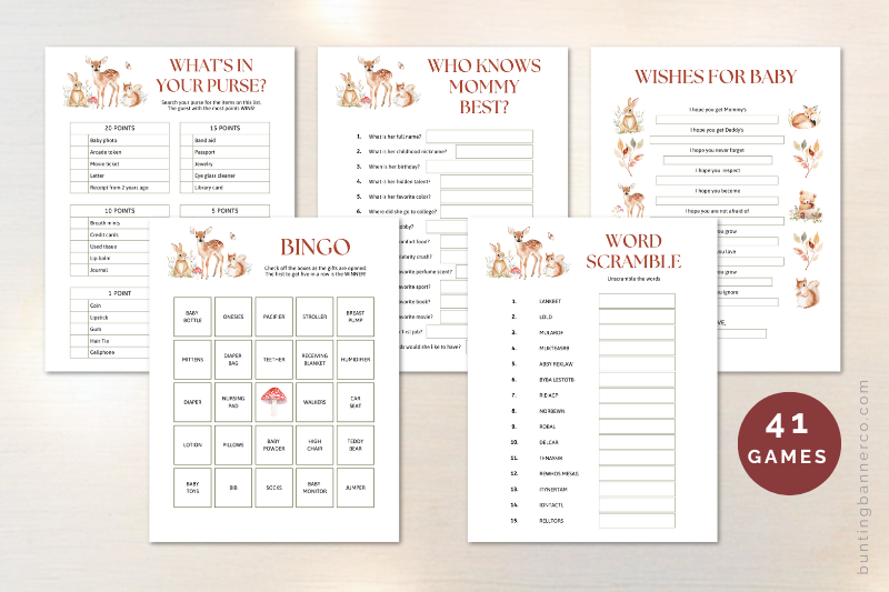 Woodland baby shower games with watercolor woodland animals and plants.