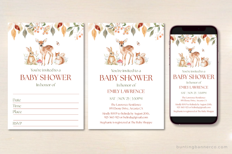 Digital and printable woodland baby shower invitations.