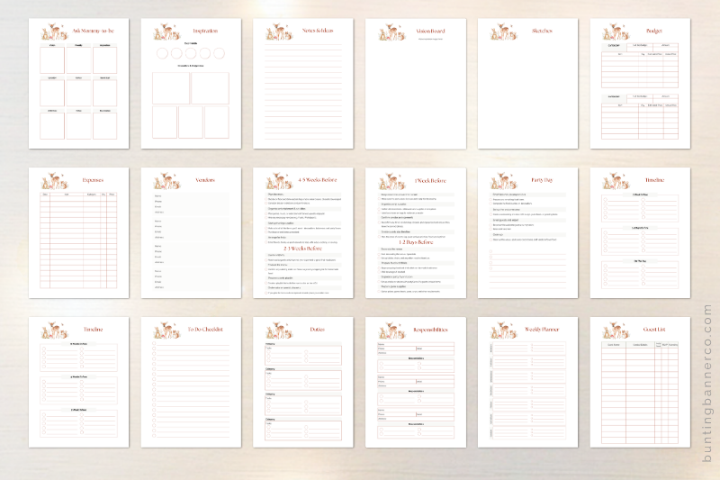Printable woodland baby shower planner pages.