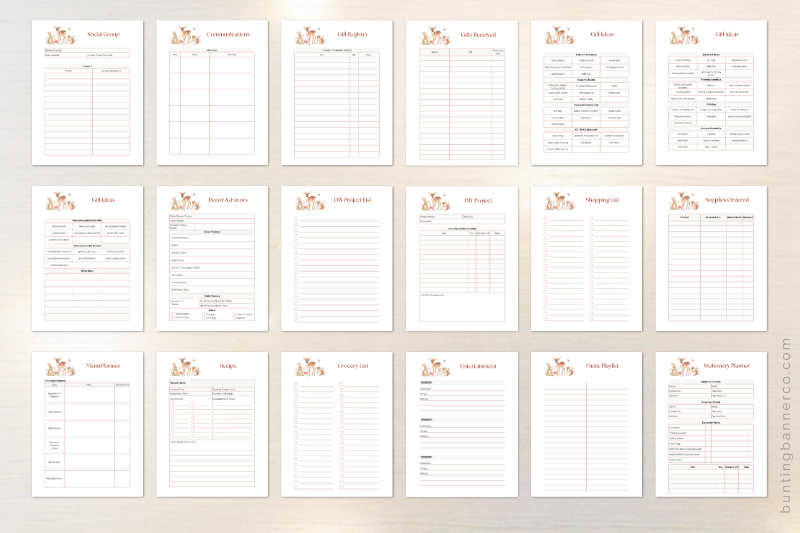 Woodland baby shower printable planner pages.