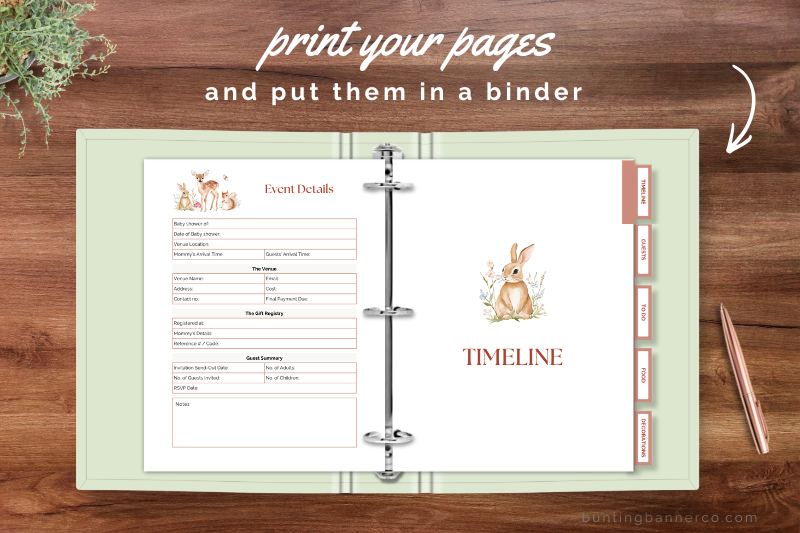 Printable woodland baby shower planner in binder.