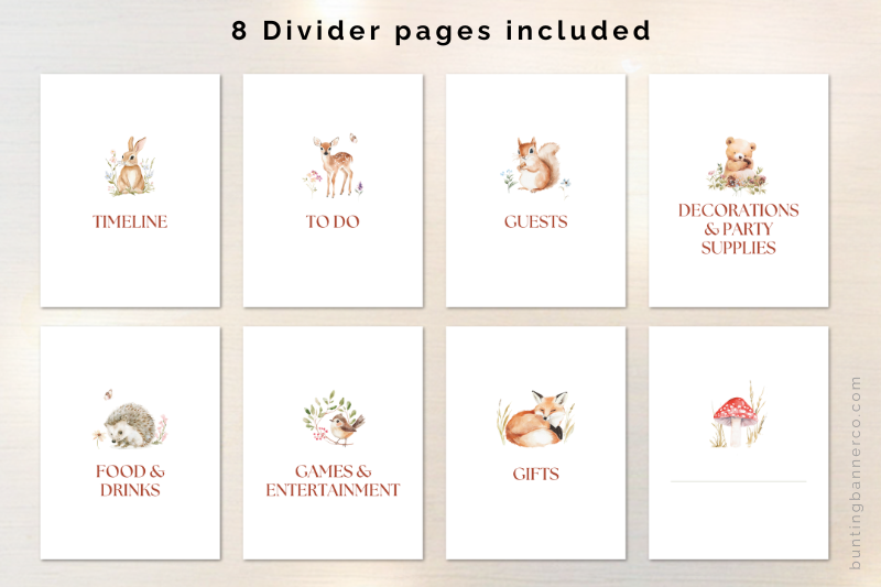 Printable woodland baby shower divider cover pages.