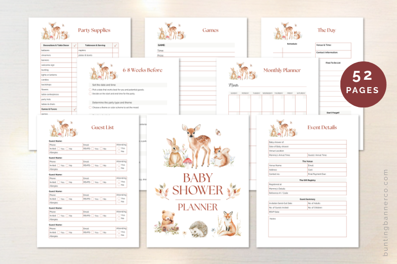 Printable woodland baby shower planner.