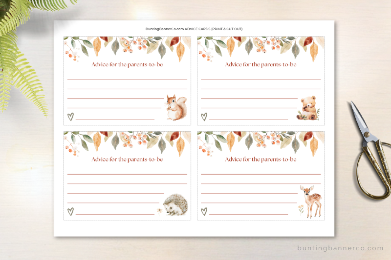Printable woodland baby shower advice cards with watercolor woodland animals, berries and leaves.