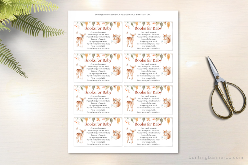 Sheet of printable woodland themed books for baby cards for baby shower.