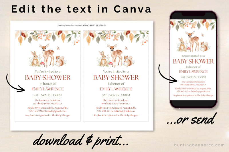 Printable and digital canva woodland baby shower invitation templates