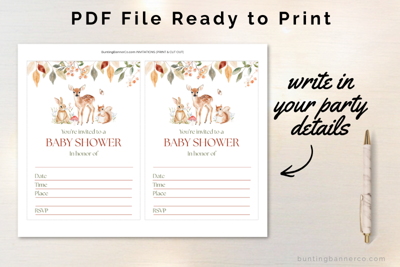 Woodland baby shower invitations with fill in details.