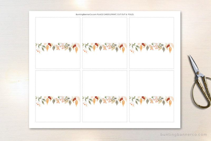 Printable woodland baby shower place cards sheet with watercolor foliage and berries.