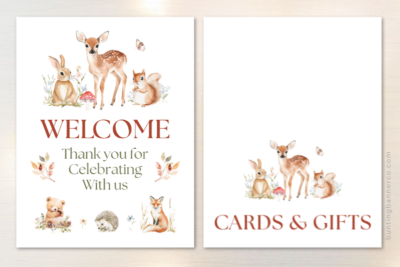 Printable woodland baby shower signs welcome and cards and gifts